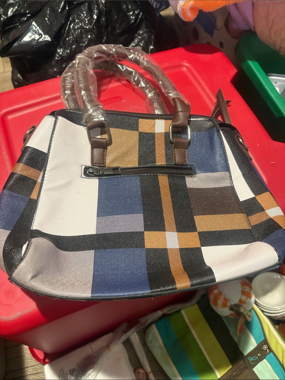 Plaid Canvas Tote Bag with Brown Handles